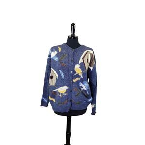 Vintage Northern Treasures Birdhouse Cardigan Sweater Blue Cottage XL